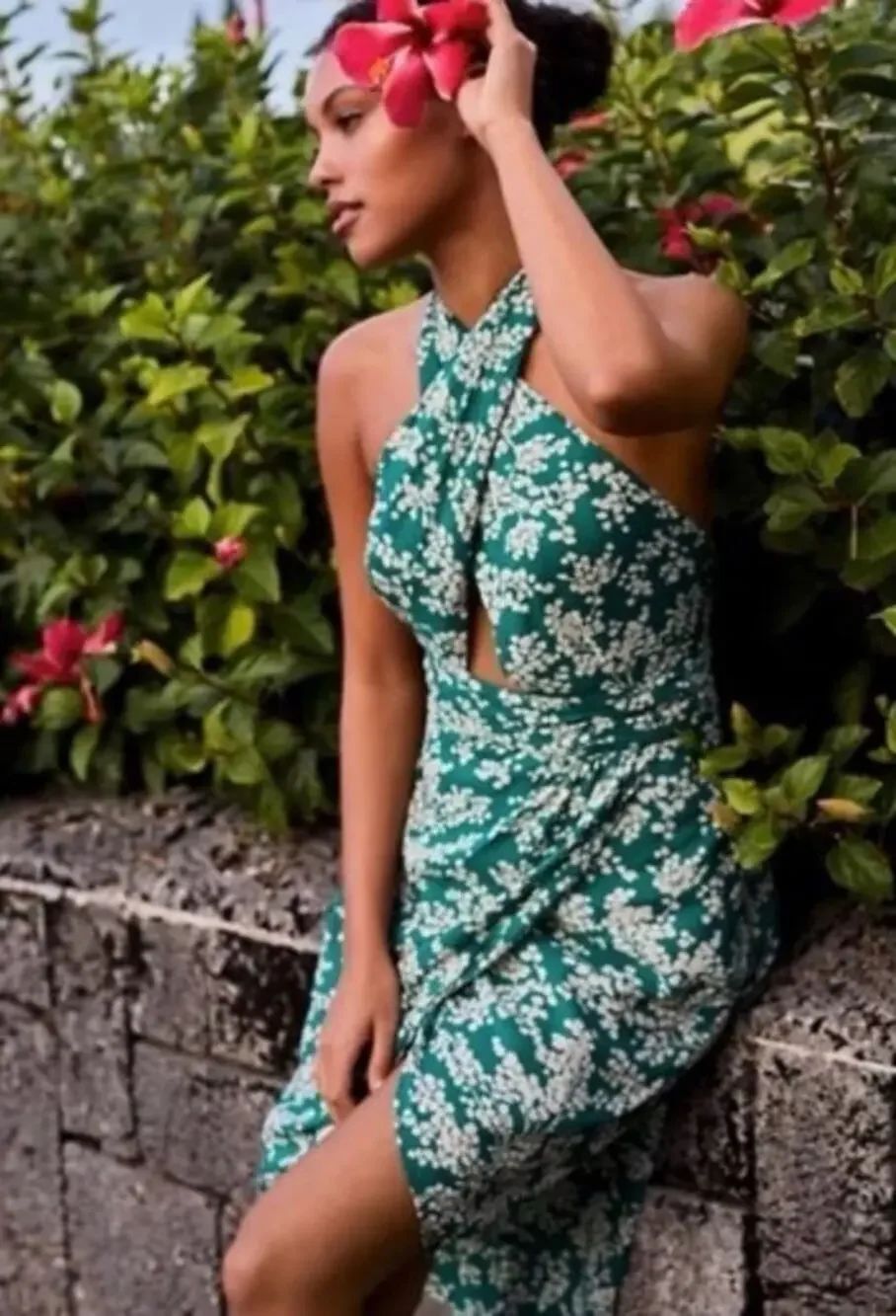 Anthropologie Green Floral Print Halter Dress Women’s Sz. S
